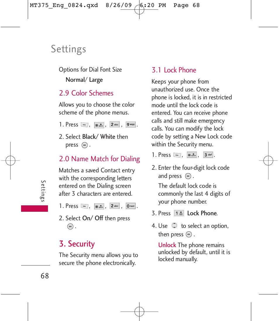 Settings, Security | LG MT375 User Manual | Page 68 / 111