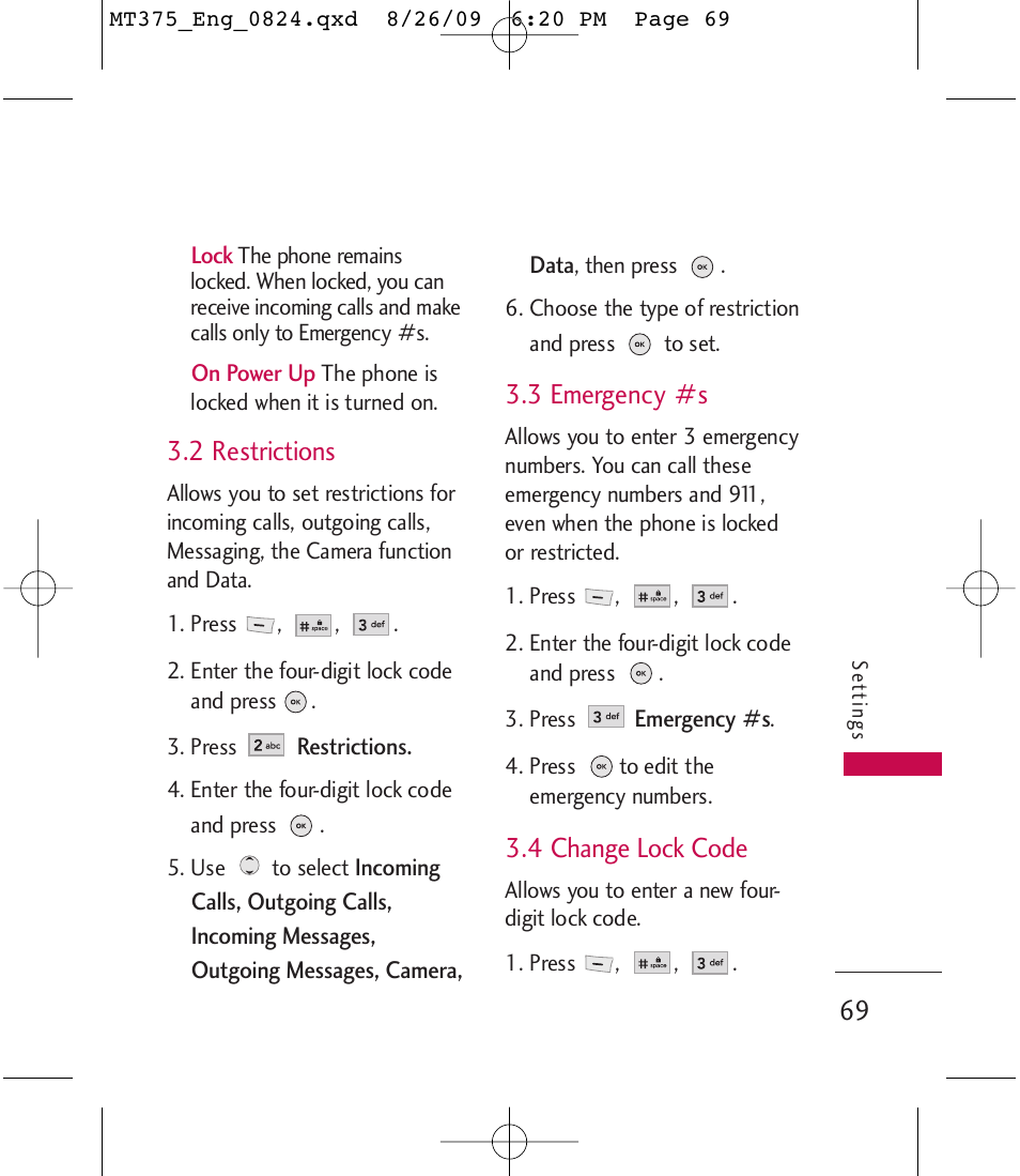 2 restrictions, 3 emergency #s, 4 change lock code | LG MT375 User Manual | Page 69 / 111