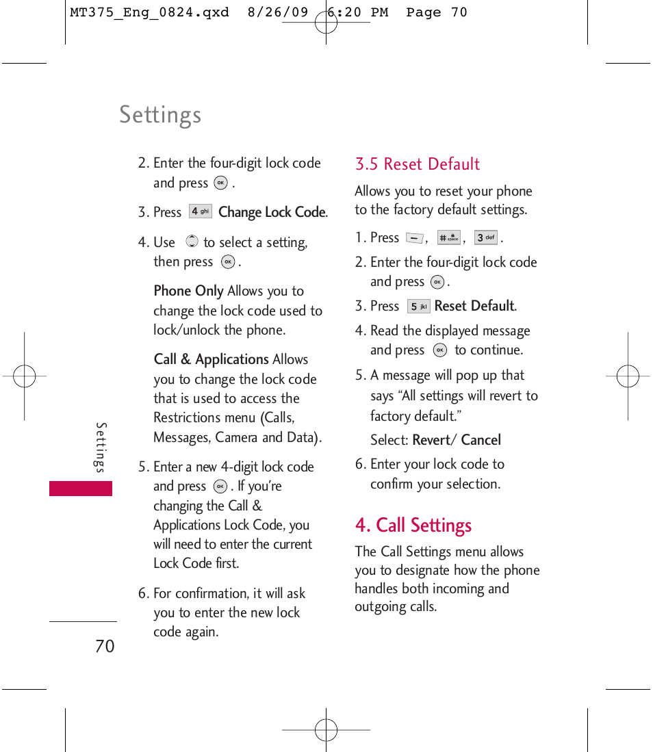 Settings, Call settings | LG MT375 User Manual | Page 70 / 111