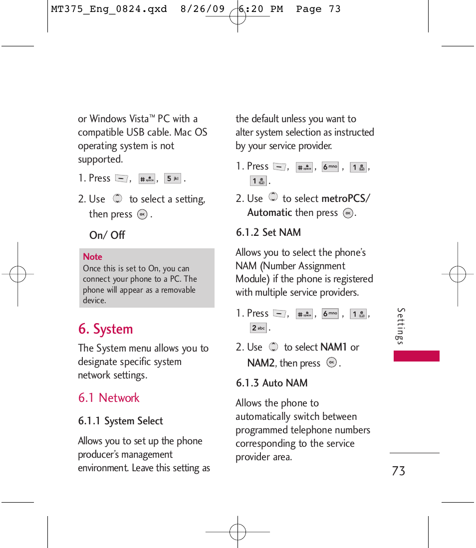 System, 1 network | LG MT375 User Manual | Page 73 / 111