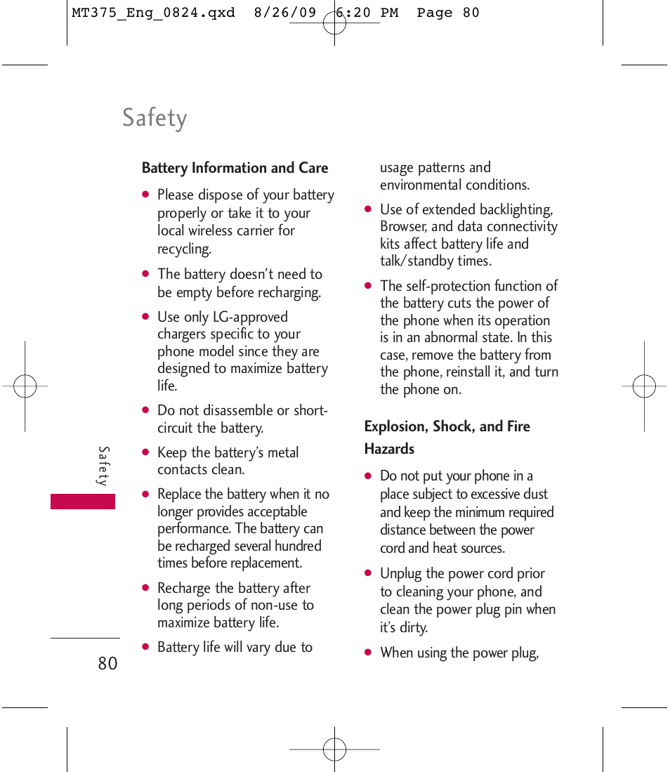 Safety, Battery information and care, Explosion, shock, and fire hazards | LG MT375 User Manual | Page 80 / 111