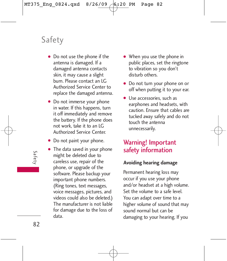 Safety, Warning! important safety information | LG MT375 User Manual | Page 82 / 111