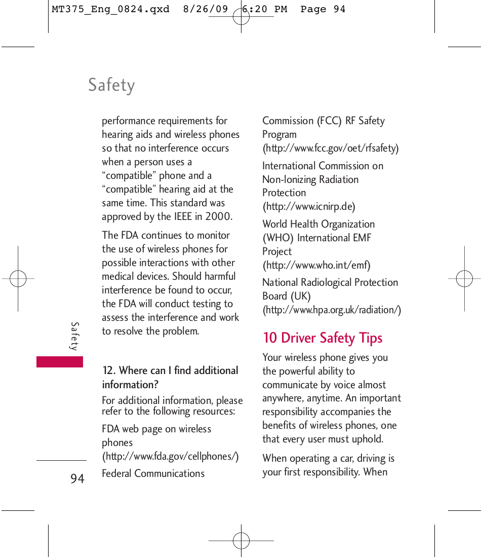 Safety, 10 driver safety tips | LG MT375 User Manual | Page 94 / 111