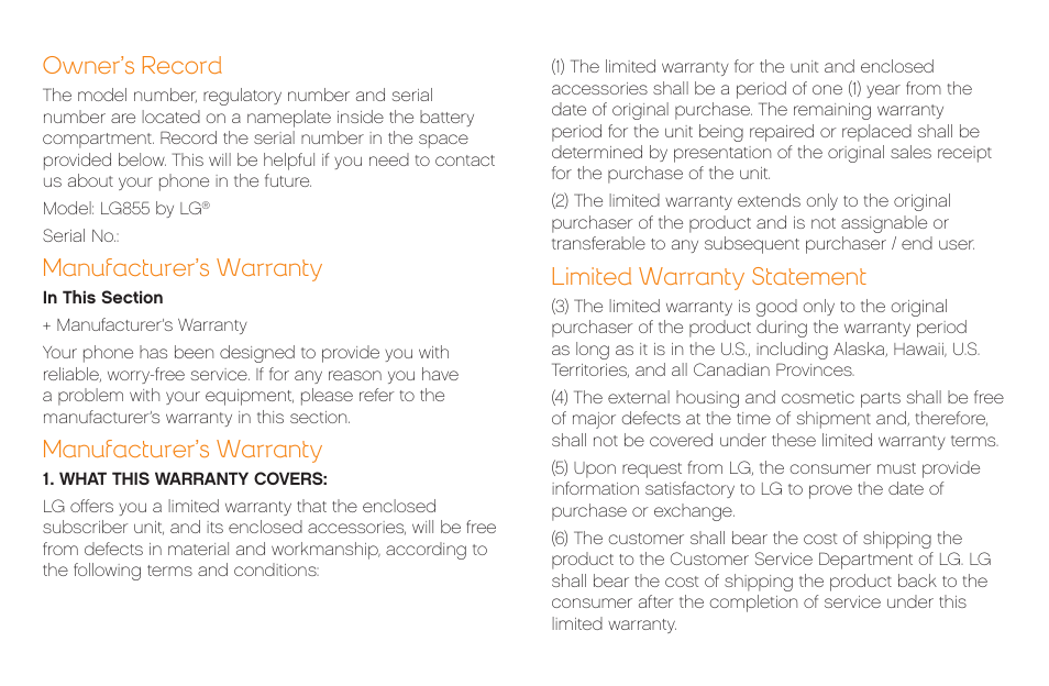 Owner’s record, Manufacturer’s warranty, Limited warranty statement | LG LG855 User Manual | Page 29 / 32