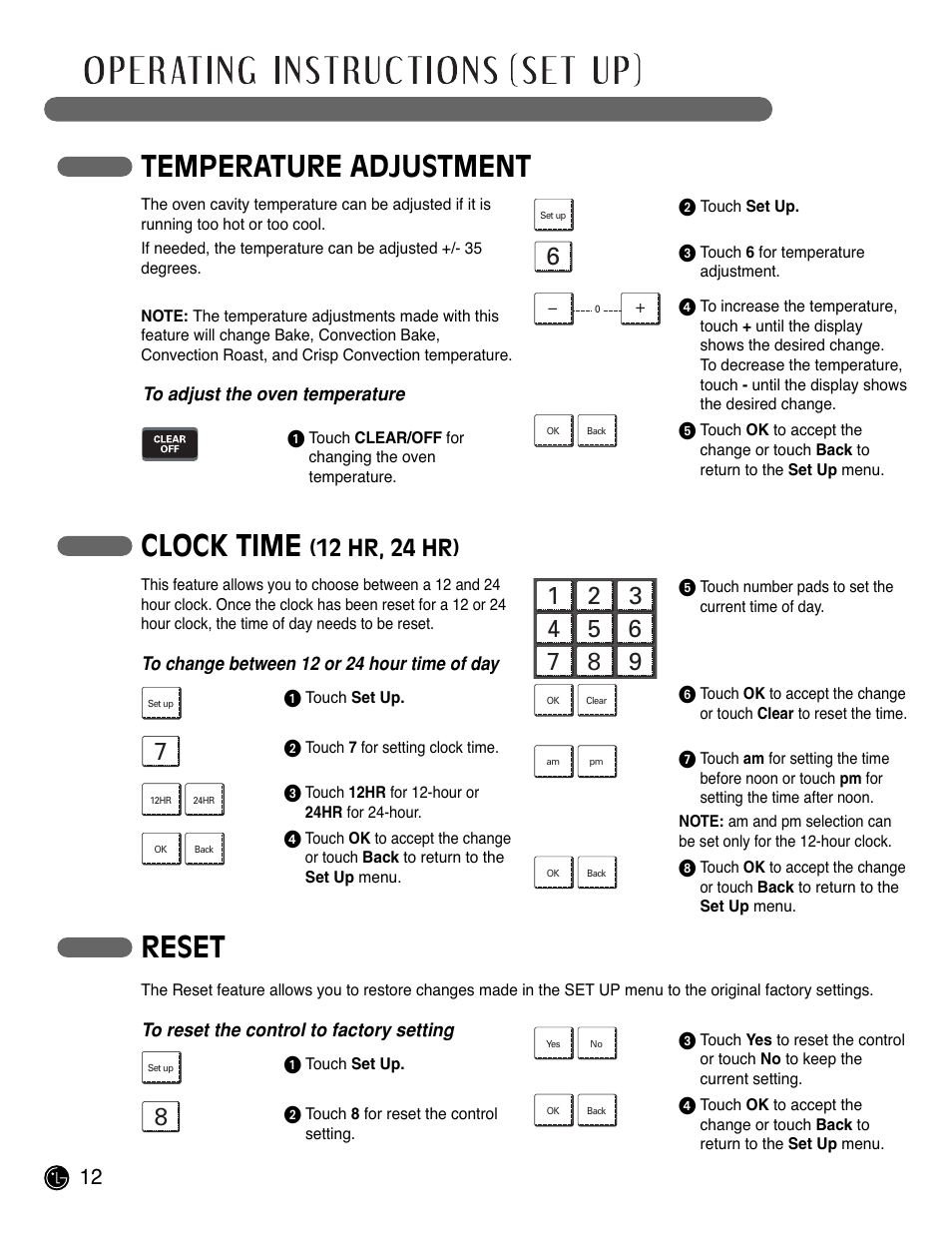 Temperature adjustment clock time, Reset, 12 hr, 24 hr) | LG LSWS305ST User Manual | Page 12 / 80