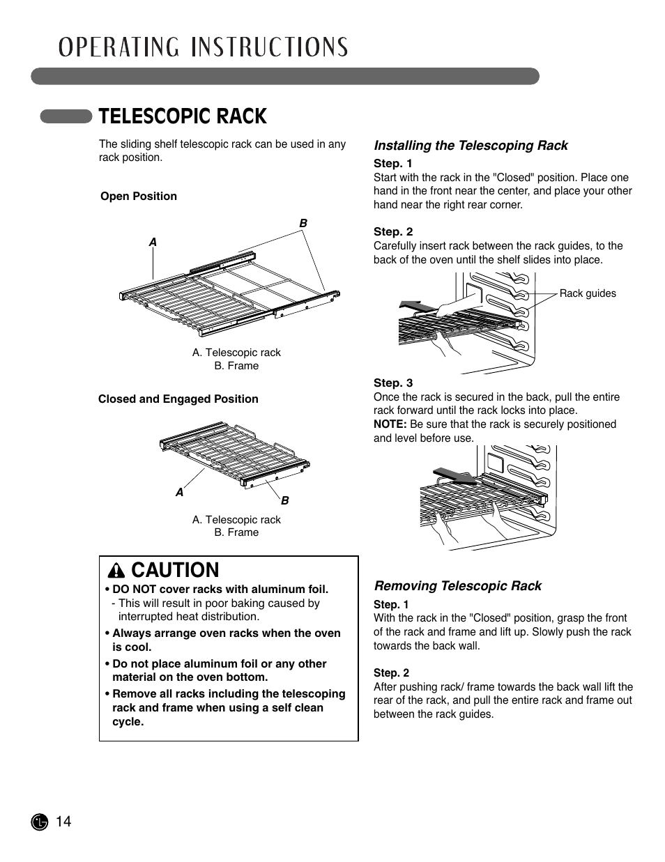 Telescopic rack, Caution | LG LSWS305ST User Manual | Page 14 / 80