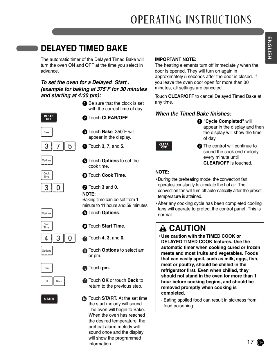 Delayed timed bake, Caution | LG LSWS305ST User Manual | Page 17 / 80