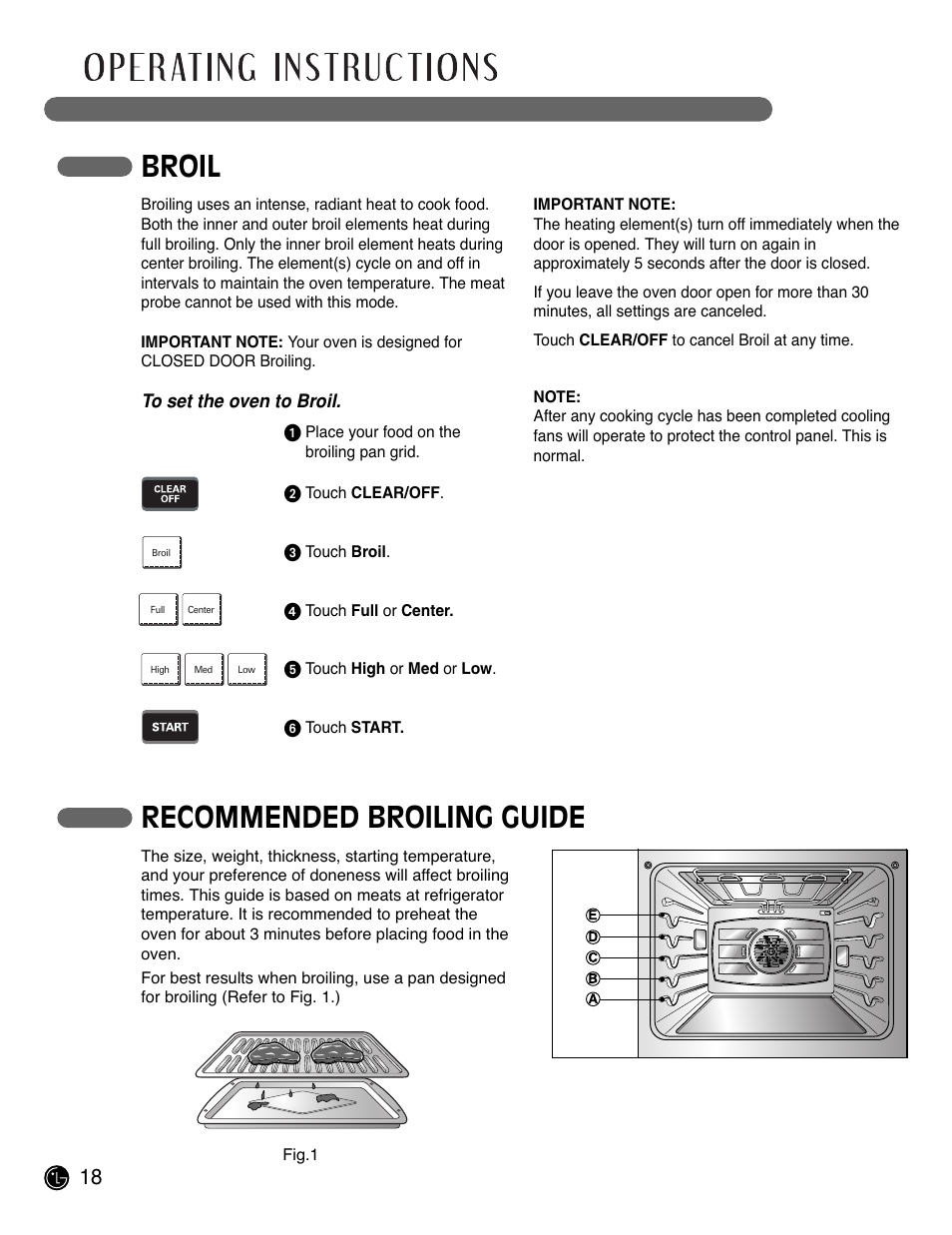 Broil, Recommended broiling guide | LG LSWS305ST User Manual | Page 18 / 80