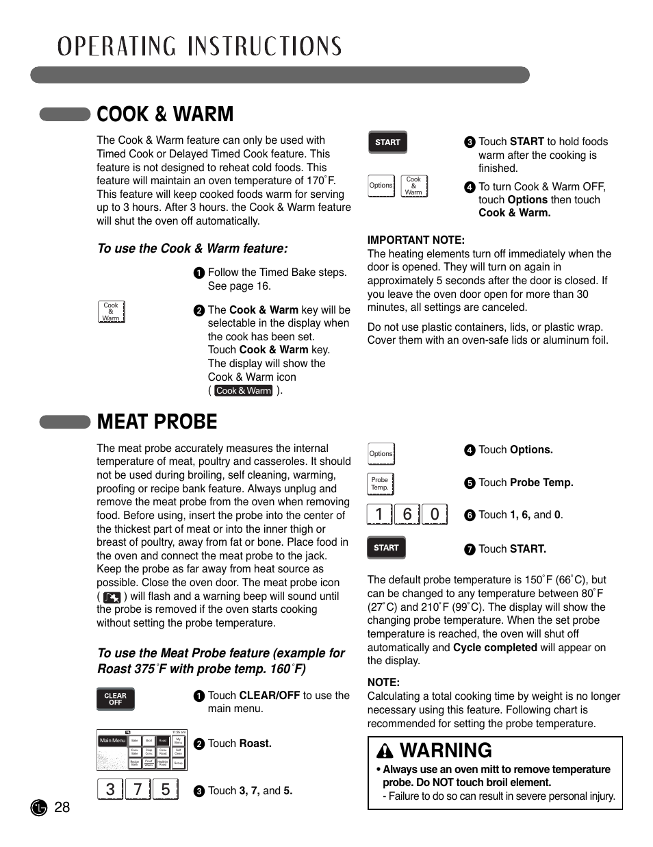 Cook & warm, Warning, Meat probe | LG LSWS305ST User Manual | Page 28 / 80