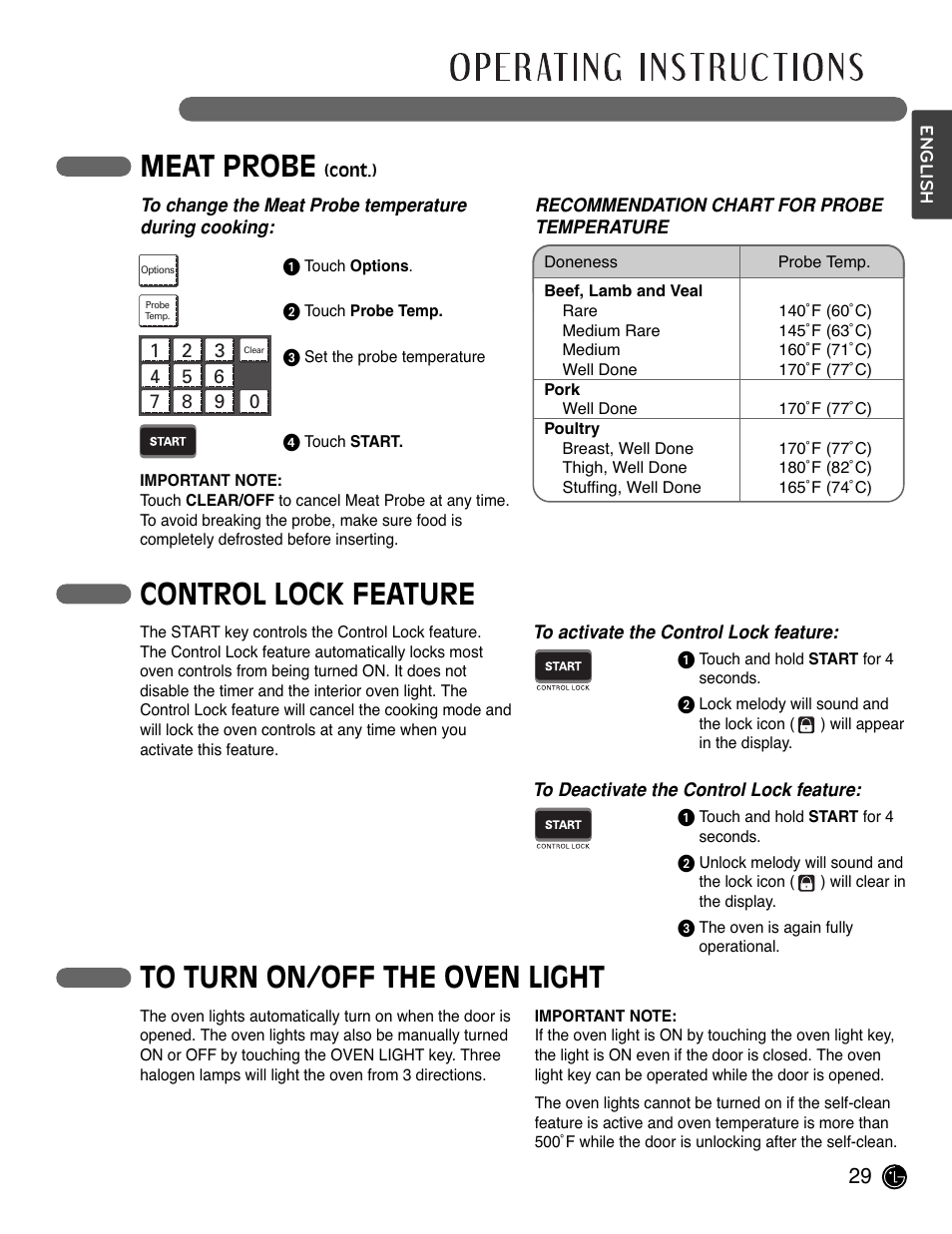 Meat probe, Control lock feature | LG LSWS305ST User Manual | Page 29 / 80