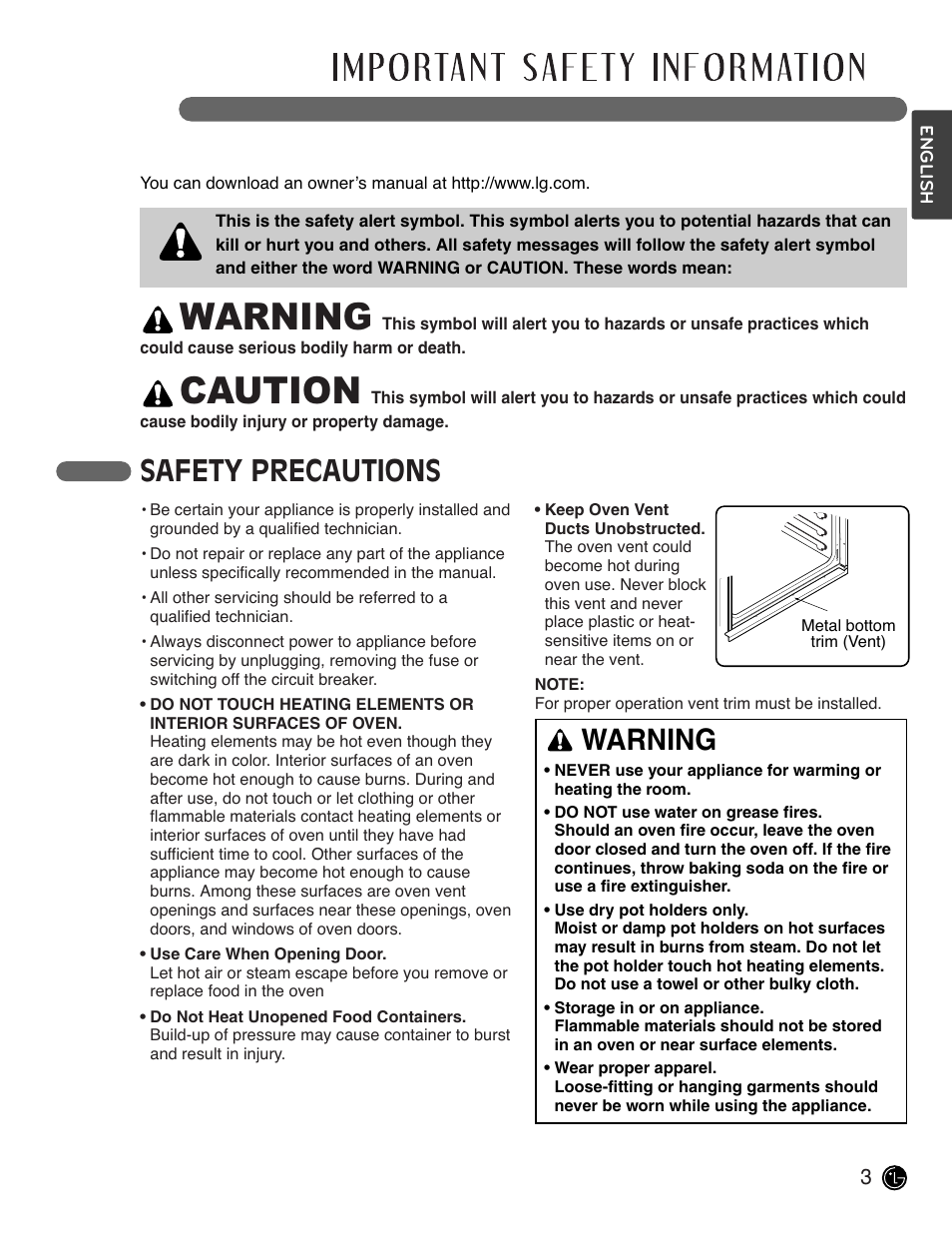 Warning, Caution, Read all instructions before use | Safety precautions | LG LSWS305ST User Manual | Page 3 / 80