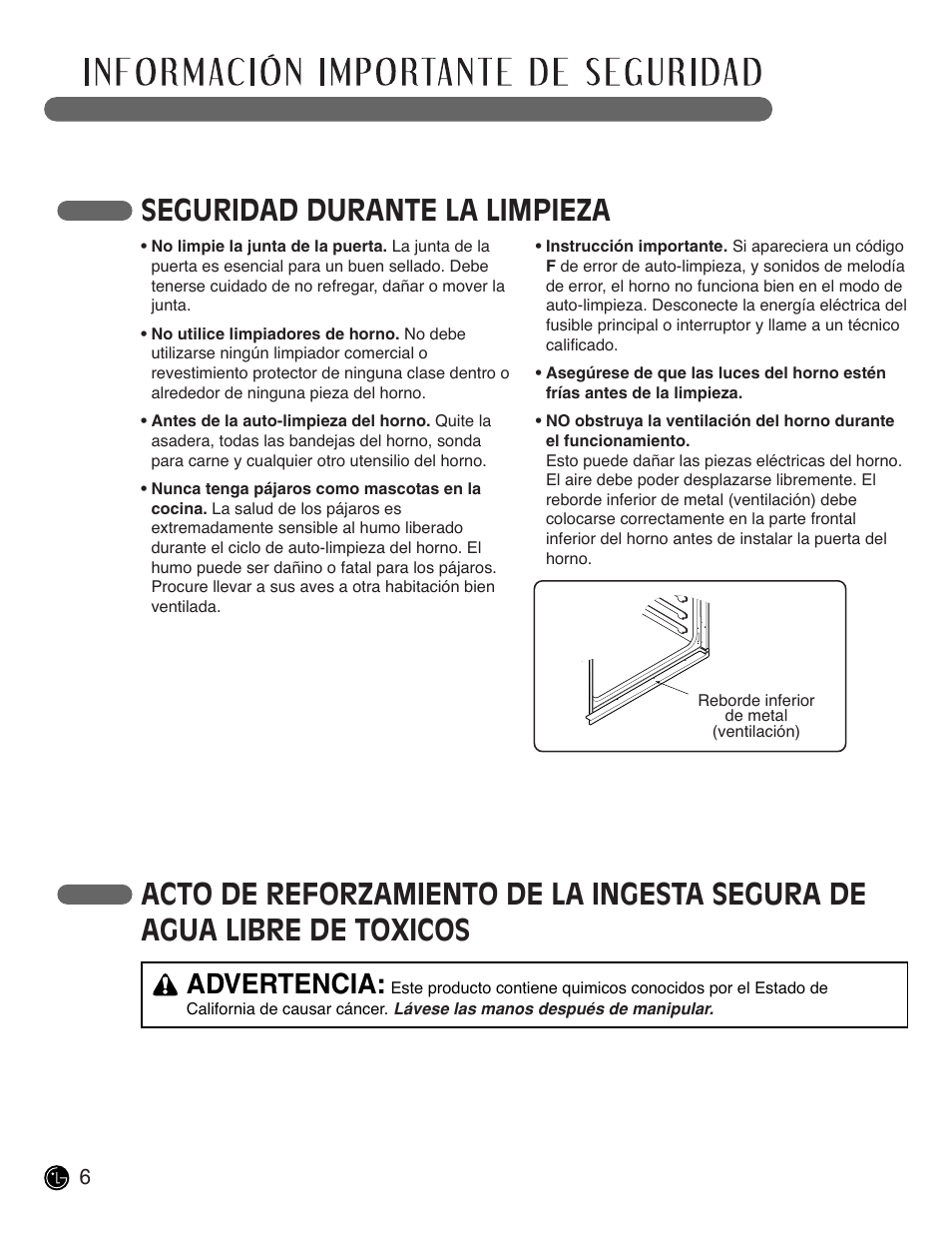 Lea todas las instrucciones antes de usar, Seguridad durante la limpieza, Advertencia | LG LSWS305ST User Manual | Page 46 / 80
