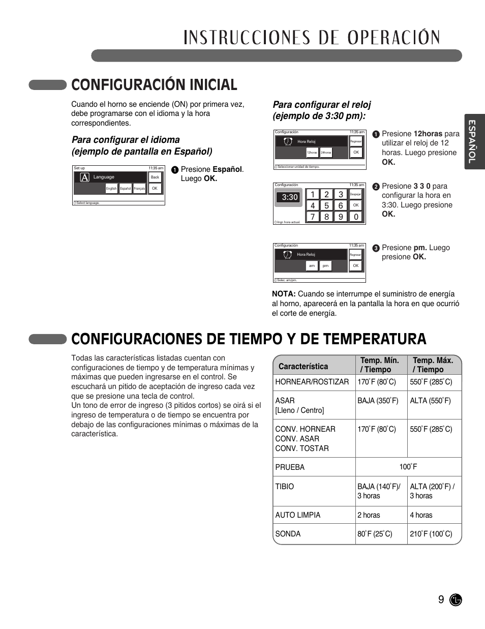 Español, Para configurar el reloj (ejemplo de 3:30 pm) | LG LSWS305ST User Manual | Page 49 / 80