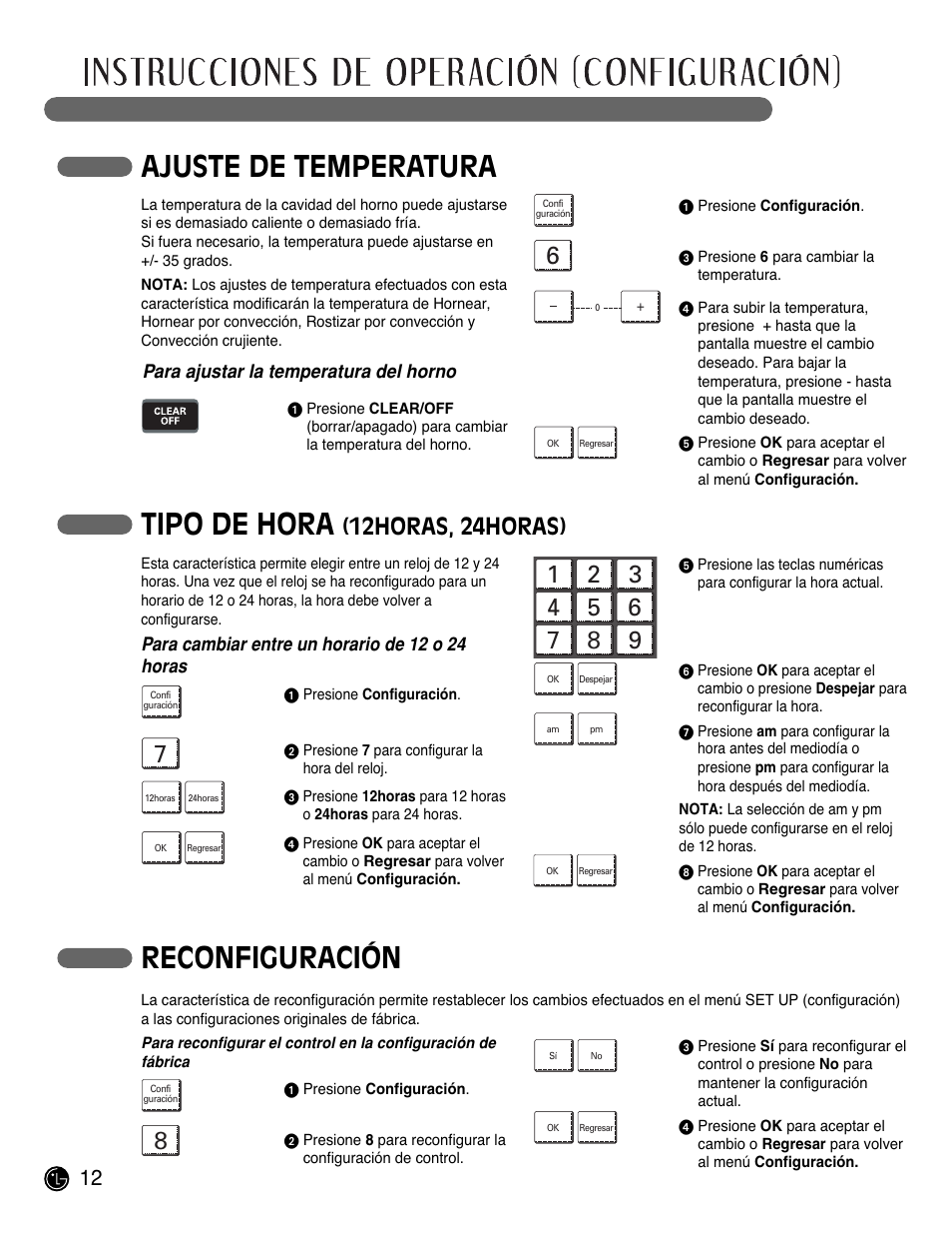 Ajuste de temperatura tipo de hora, Reconfiguración, 12horas, 24horas) | LG LSWS305ST User Manual | Page 52 / 80