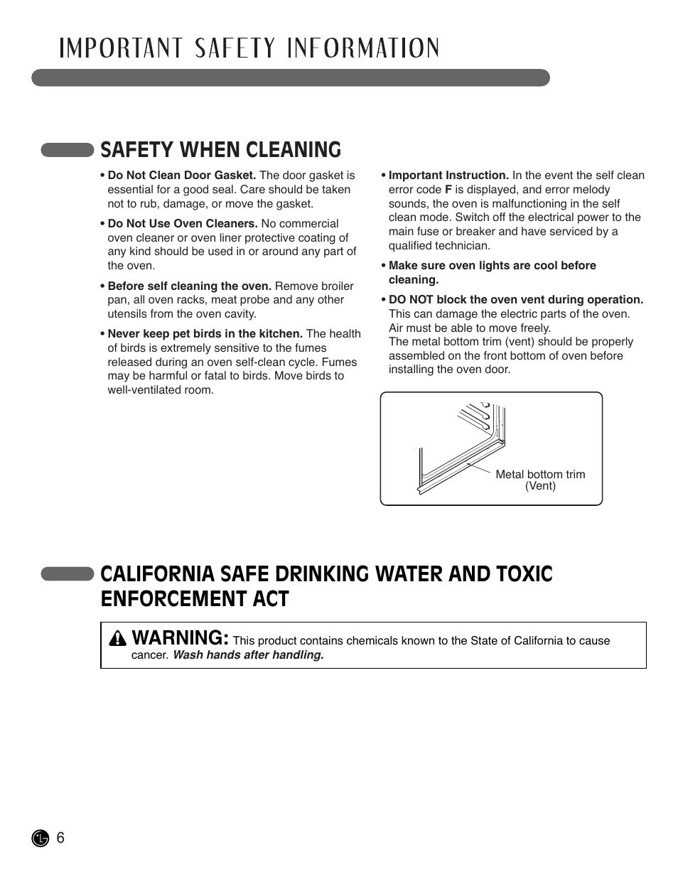 Read all instructions before use, Safety when cleaning, Warning | LG LSWS305ST User Manual | Page 6 / 80