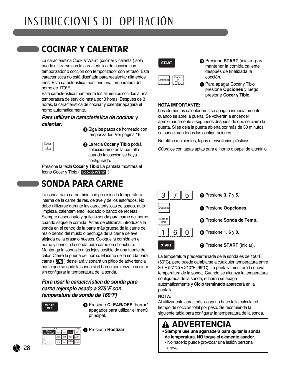 Cocinar y calentar, Advertencia, Sonda para carne | LG LSWS305ST User Manual | Page 68 / 80