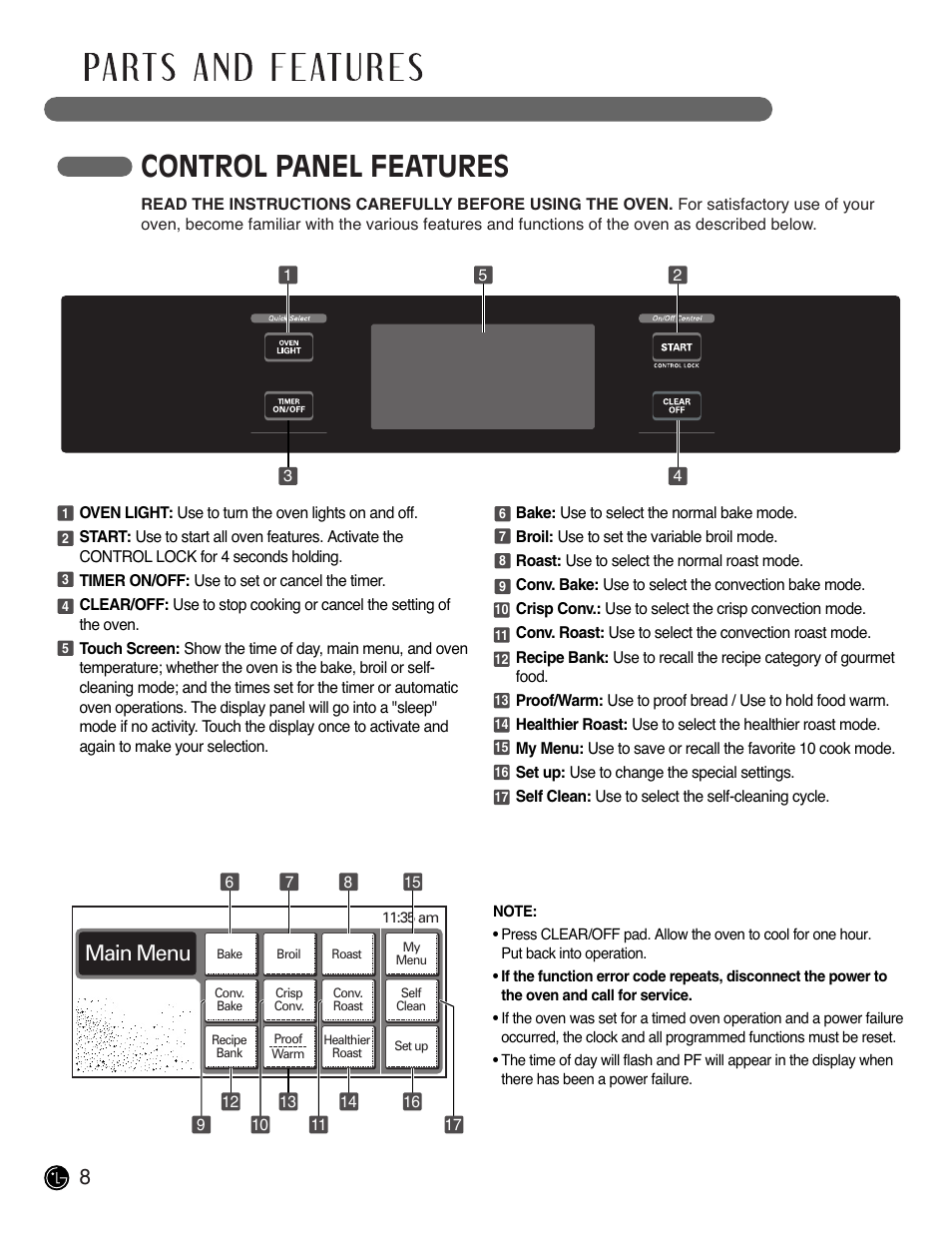 Control panel features, Main menu | LG LSWS305ST User Manual | Page 8 / 80