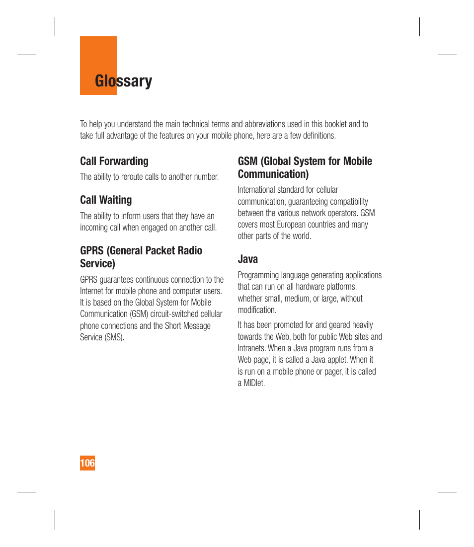 Glossary | LG GU292 User Manual | Page 110 / 242