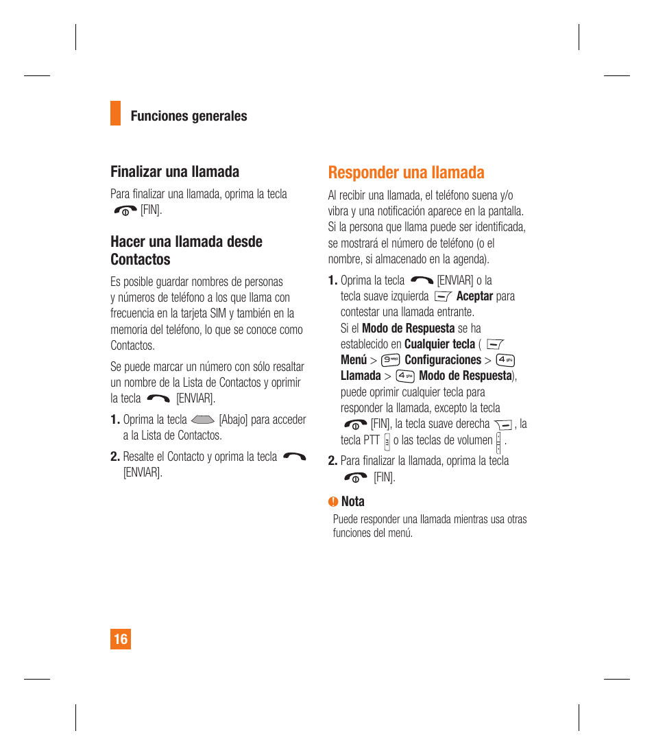 Responder una llamada, Finalizar una llamada, Hacer una llamada desde contactos | LG GU292 User Manual | Page 134 / 242