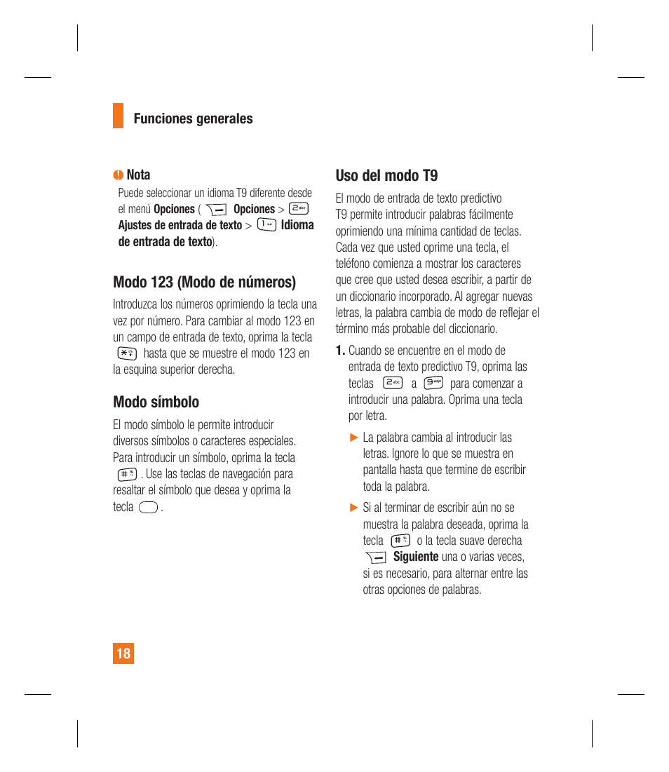 Modo 123 (modo de números), Modo símbolo, Uso del modo t9 | LG GU292 User Manual | Page 136 / 242