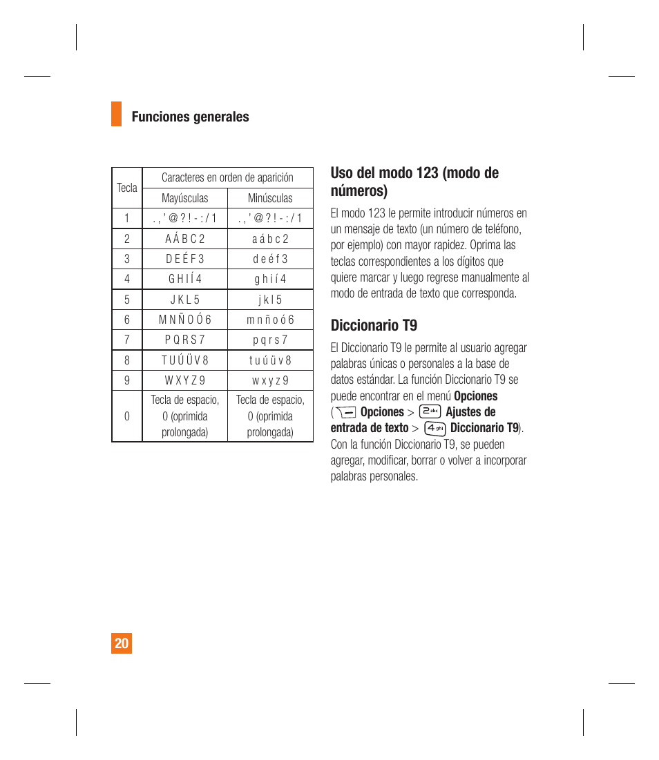 Uso del modo 123 (modo de números), Diccionario t9 | LG GU292 User Manual | Page 138 / 242