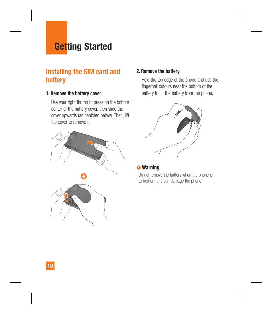 Getting started, Installing the sim card and battery | LG GU292 User Manual | Page 14 / 242