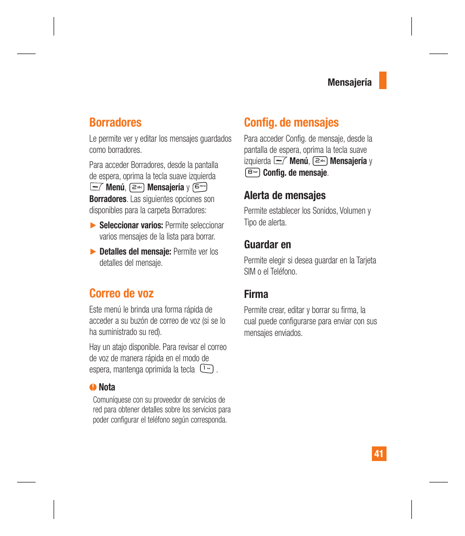 Borradores, Correo de voz, Conﬁ g. de mensajes | LG GU292 User Manual | Page 159 / 242