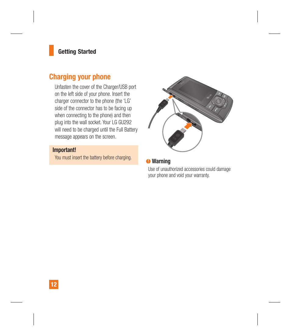 Charging your phone | LG GU292 User Manual | Page 16 / 242