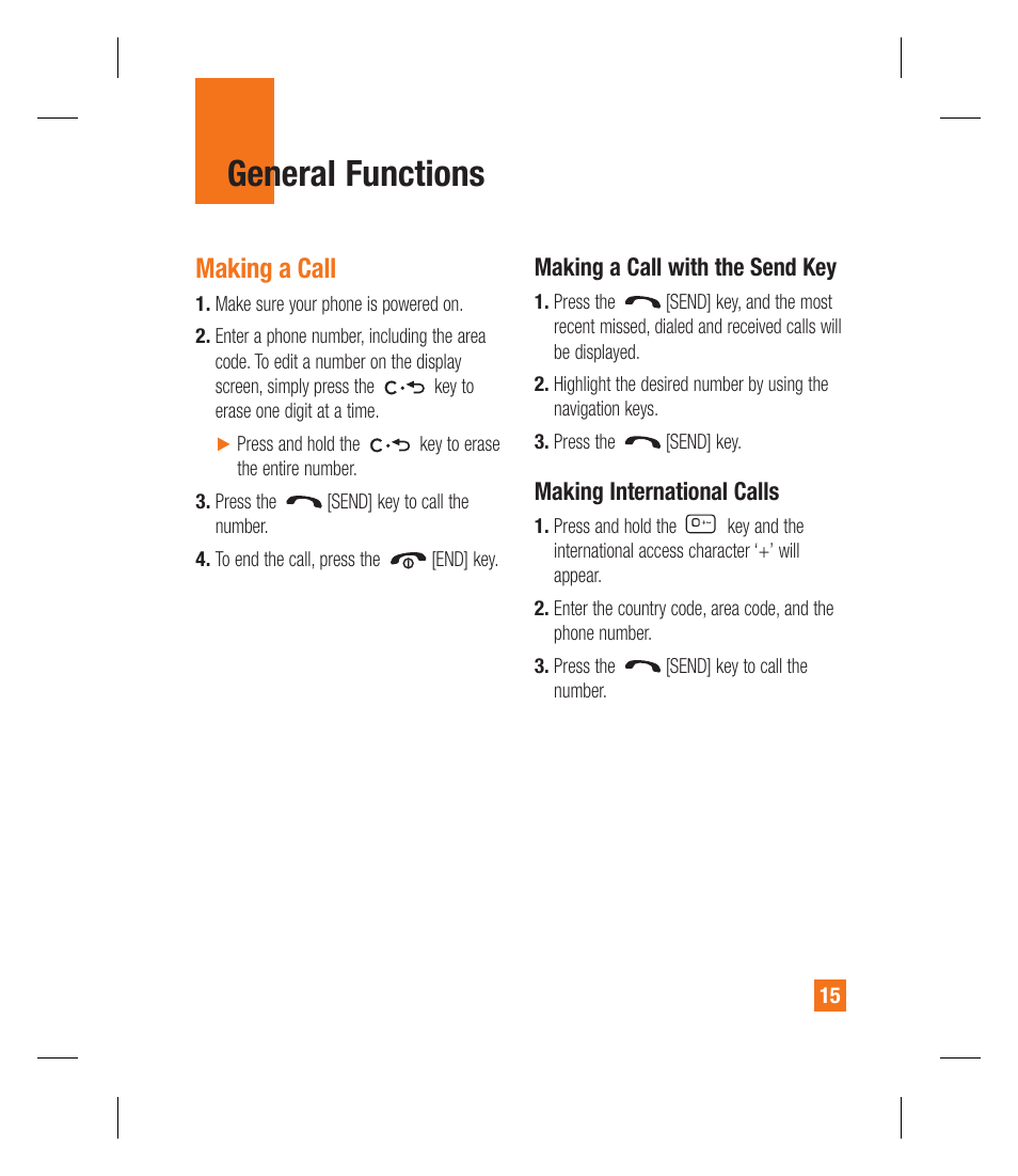 General functions, Making a call | LG GU292 User Manual | Page 19 / 242