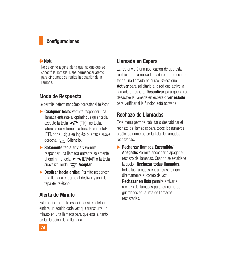 Modo de respuesta, Alerta de minuto, Llamada en espera | Rechazo de llamadas | LG GU292 User Manual | Page 192 / 242