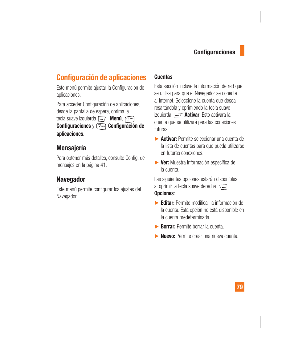 Conﬁ guración de aplicaciones, Mensajería, Navegador | LG GU292 User Manual | Page 197 / 242