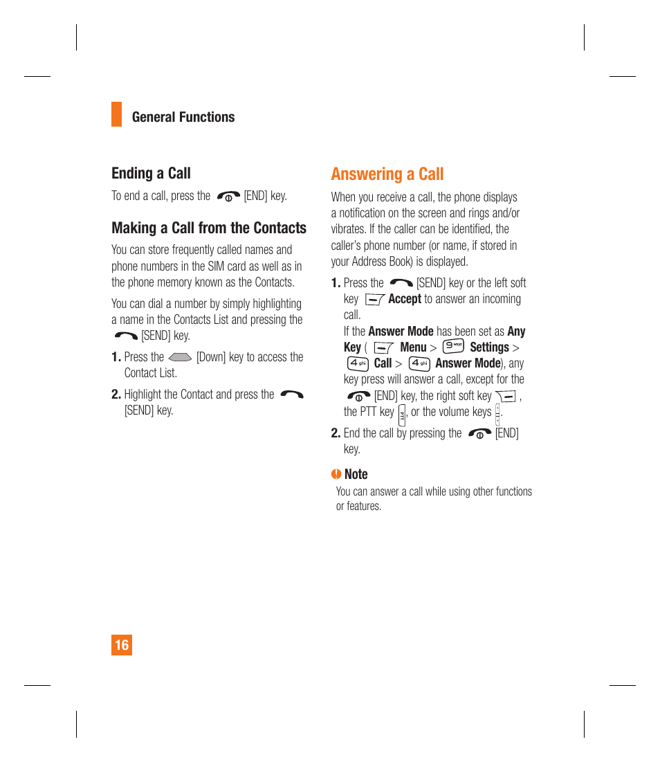 Answering a call, Ending a call, Making a call from the contacts | LG GU292 User Manual | Page 20 / 242