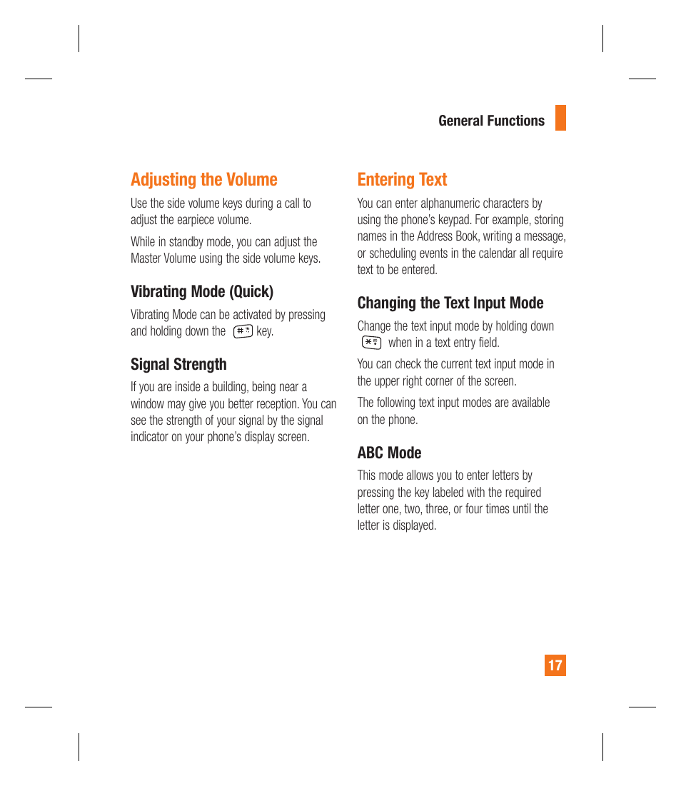 Adjusting the volume, Entering text | LG GU292 User Manual | Page 21 / 242