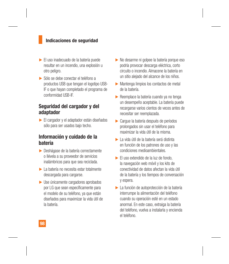 Seguridad del cargador y del adaptador, Información y cuidado de la batería | LG GU292 User Manual | Page 216 / 242