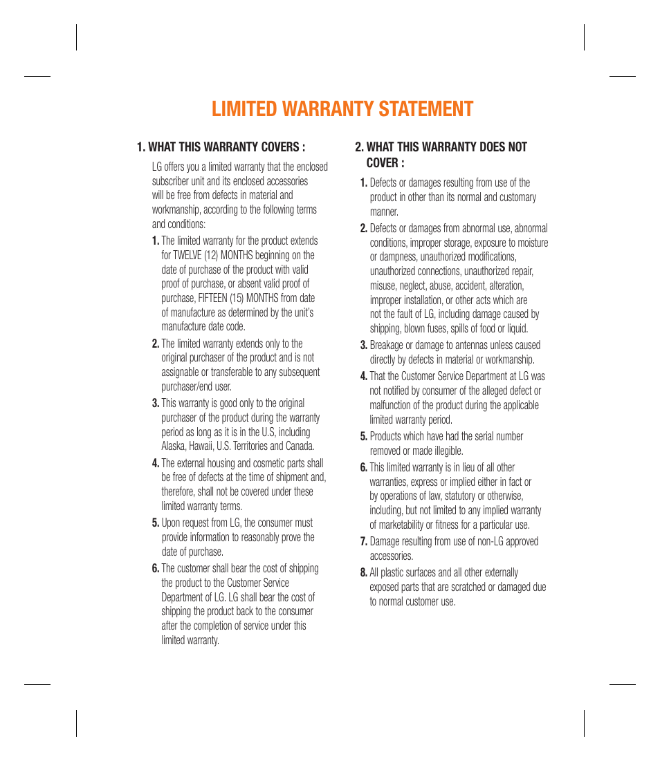 Limited warranty statement | LG GU292 User Manual | Page 3 / 242