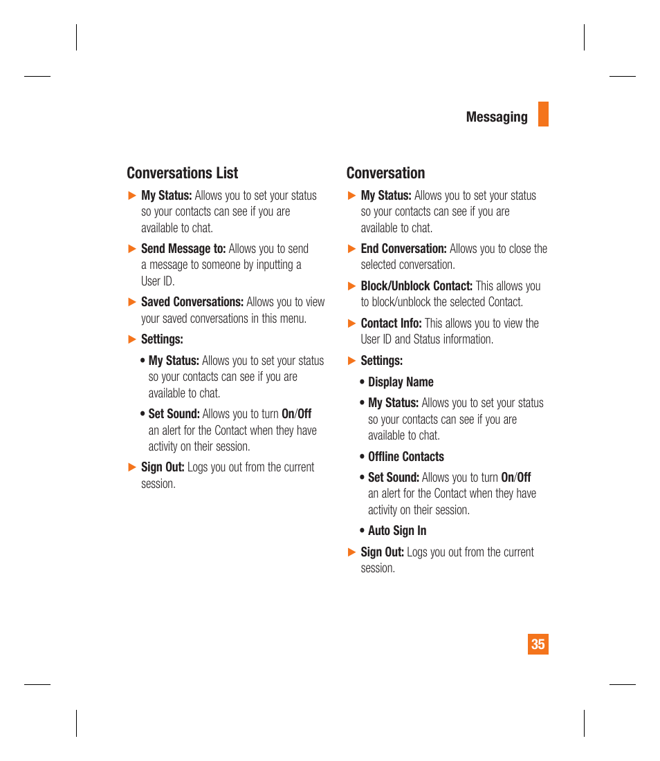 Conversations list, Conversation | LG GU292 User Manual | Page 39 / 242