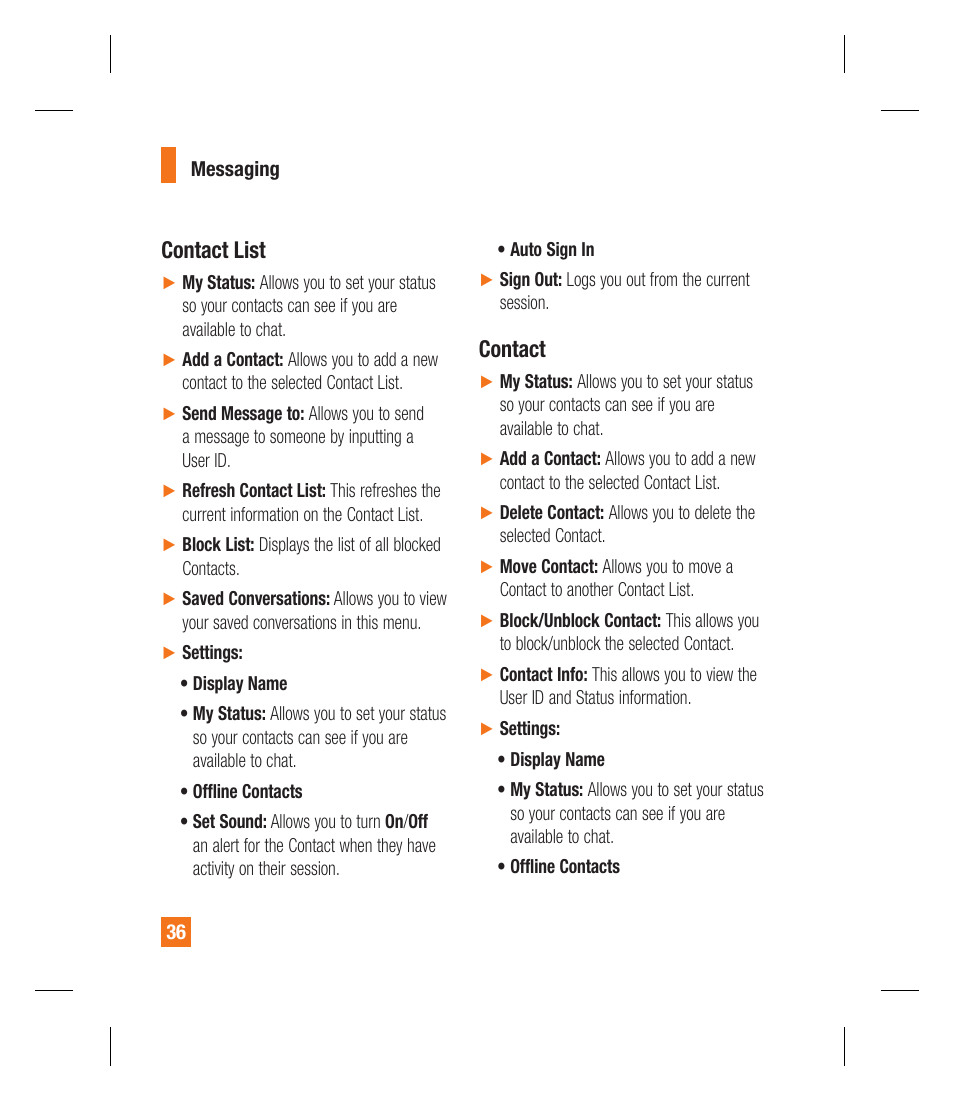 Contact list, Contact | LG GU292 User Manual | Page 40 / 242