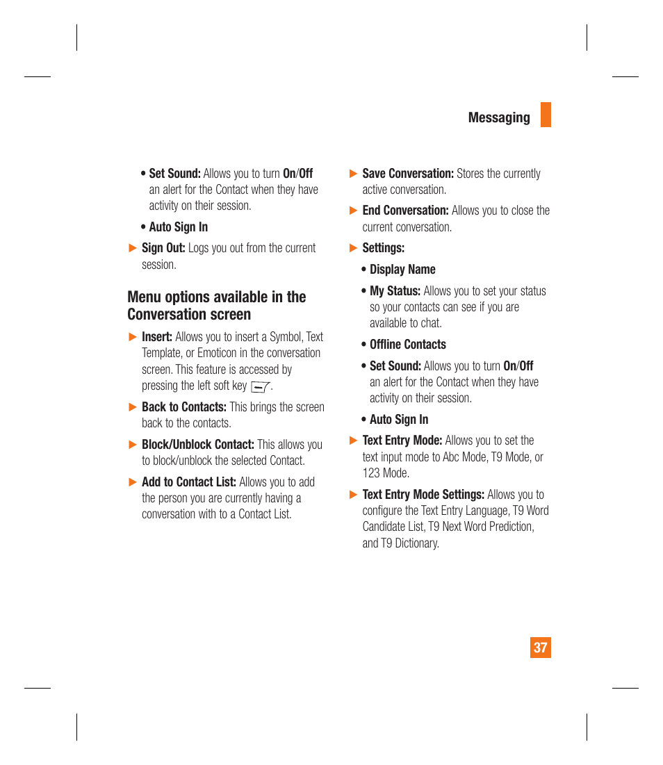 Menu options available in the conversation screen | LG GU292 User Manual | Page 41 / 242
