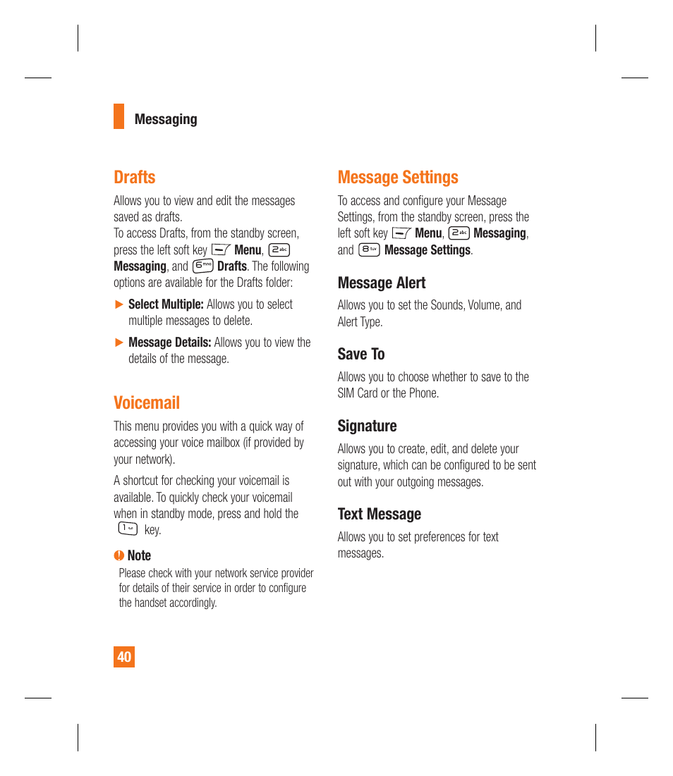 Drafts, Voicemail, Message settings | LG GU292 User Manual | Page 44 / 242