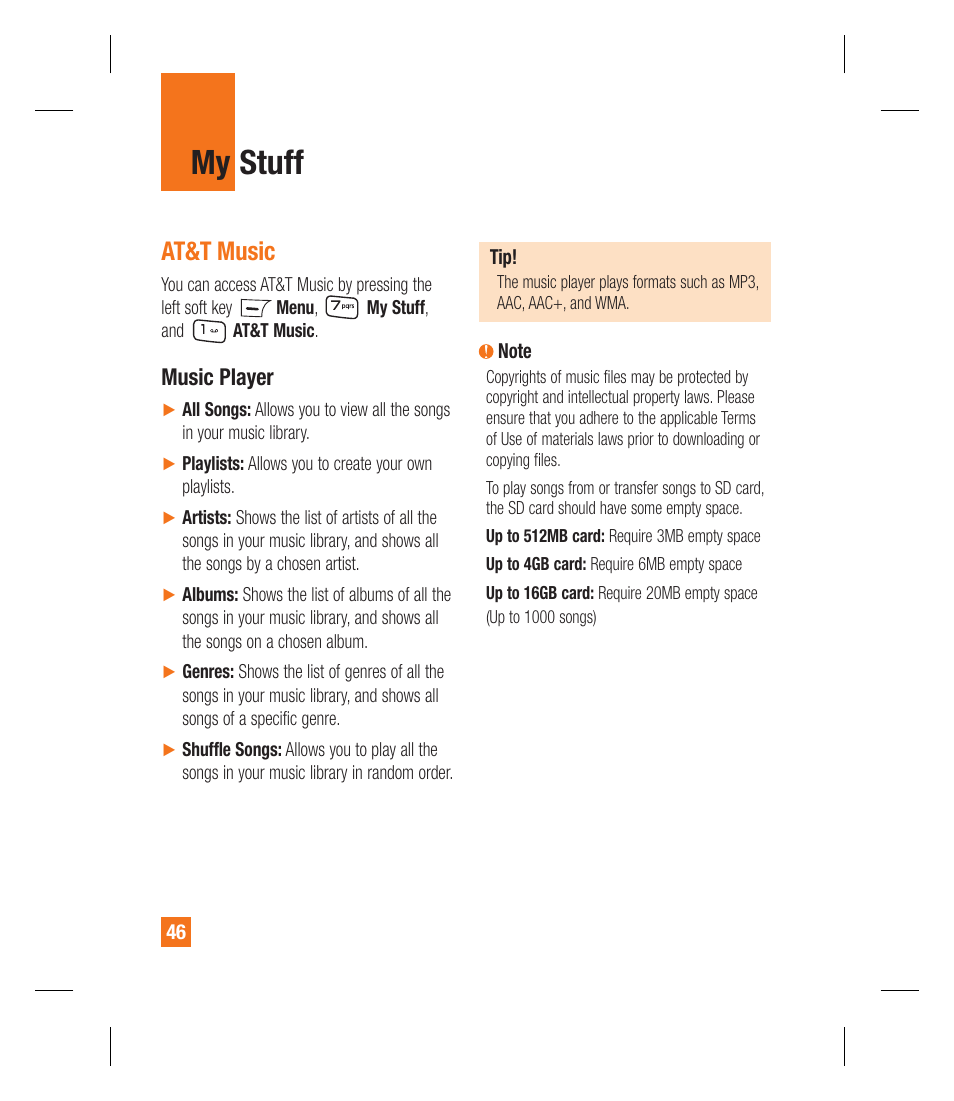 My stuff, At&t music, Music player | LG GU292 User Manual | Page 50 / 242
