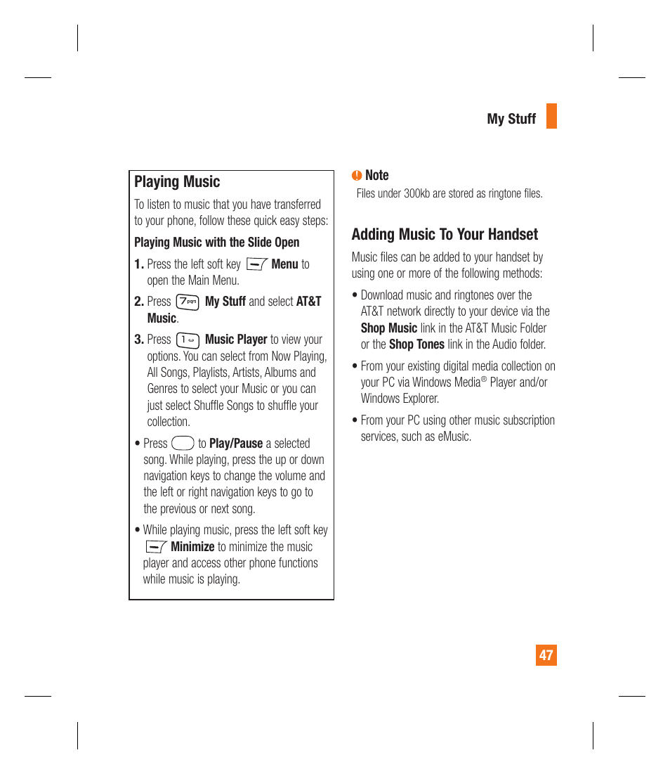Playing music, Adding music to your handset | LG GU292 User Manual | Page 51 / 242