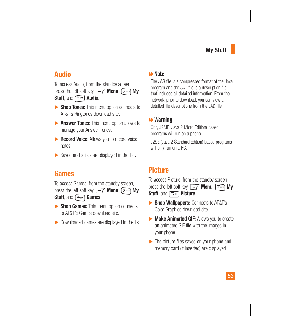 Audio, Games, Picture | LG GU292 User Manual | Page 57 / 242