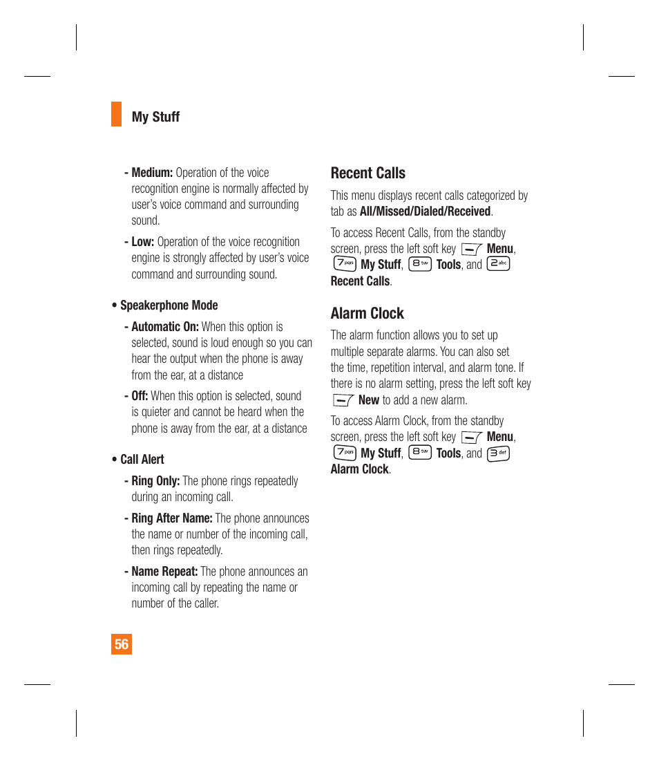 Recent calls, Alarm clock | LG GU292 User Manual | Page 60 / 242