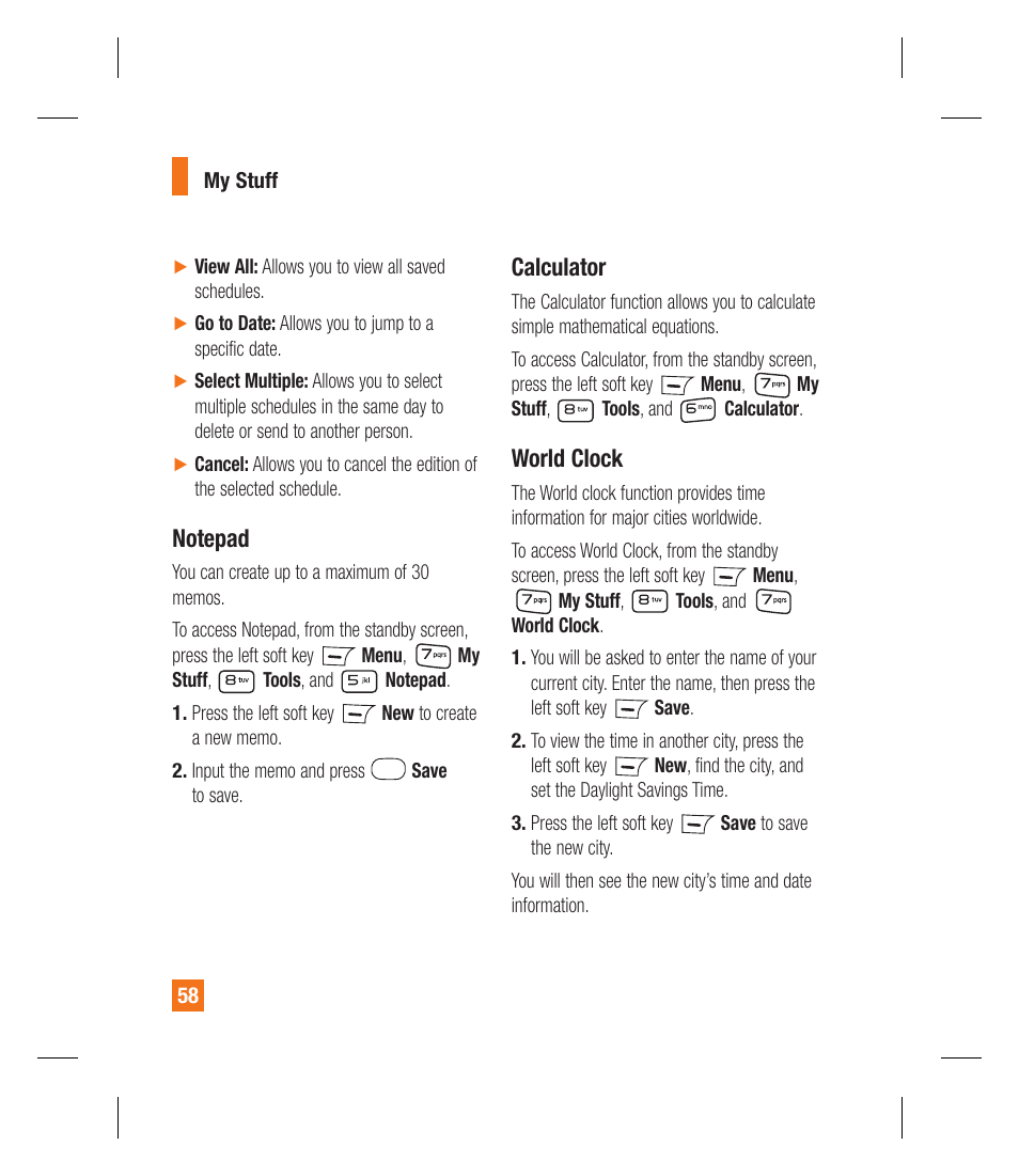 Calculator, World clock | LG GU292 User Manual | Page 62 / 242