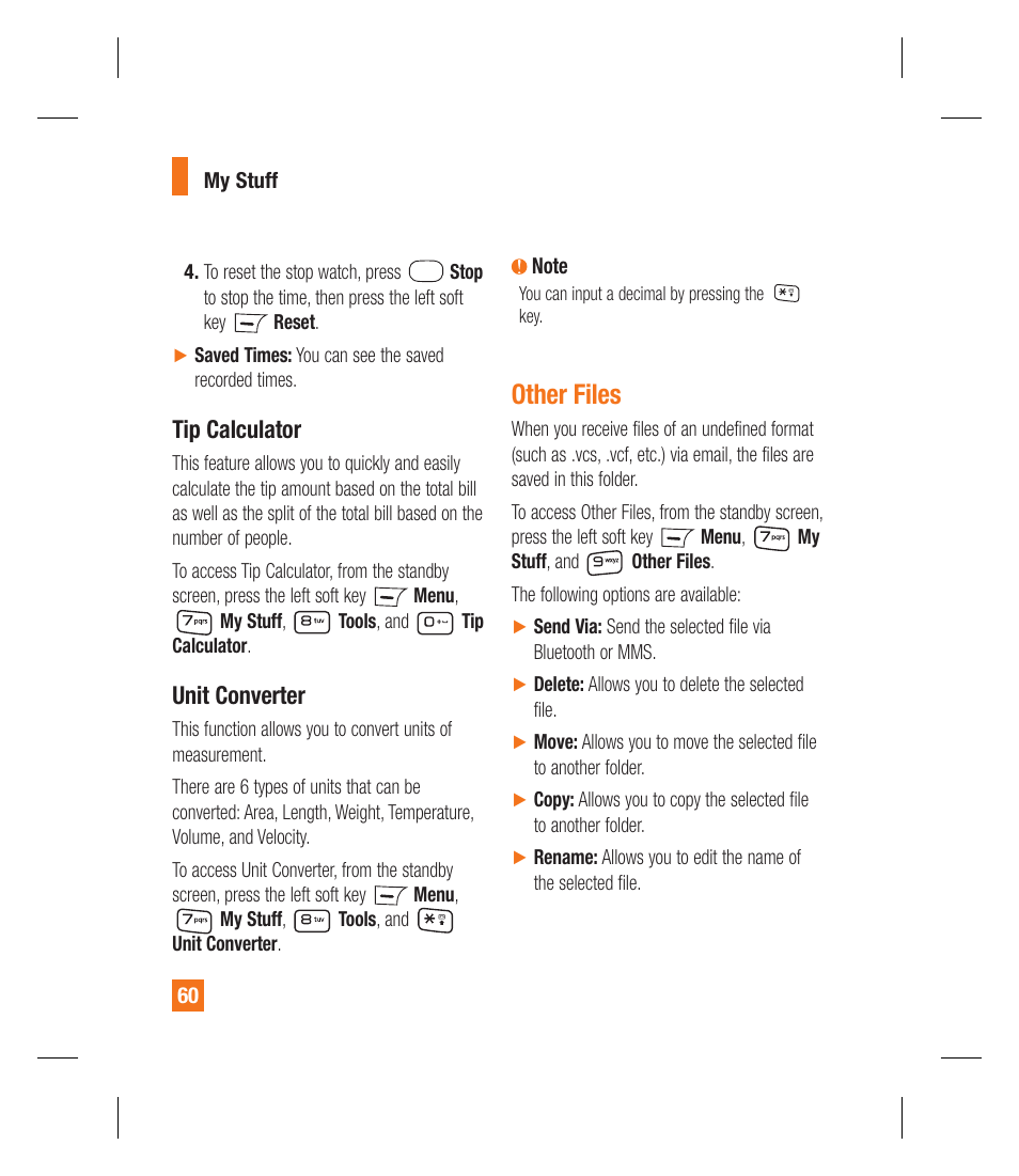Other files, Tip calculator, Unit converter | LG GU292 User Manual | Page 64 / 242