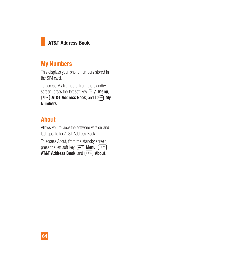 My numbers, About | LG GU292 User Manual | Page 68 / 242