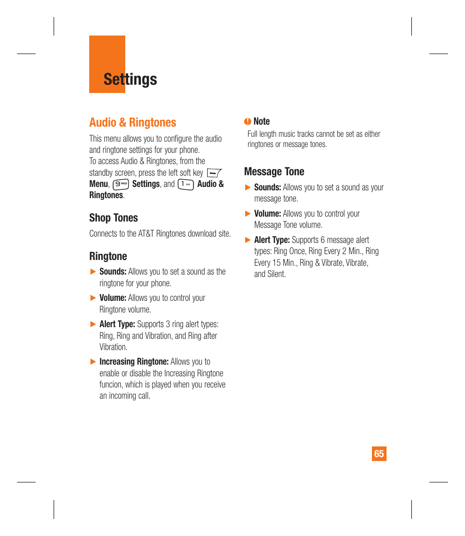Settings, Audio & ringtones | LG GU292 User Manual | Page 69 / 242
