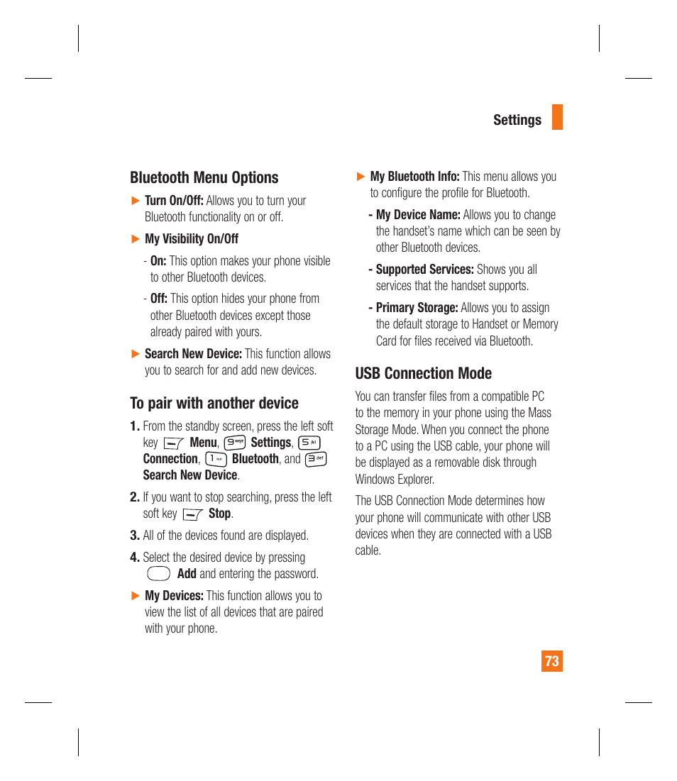 Bluetooth menu options, Usb connection mode | LG GU292 User Manual | Page 77 / 242