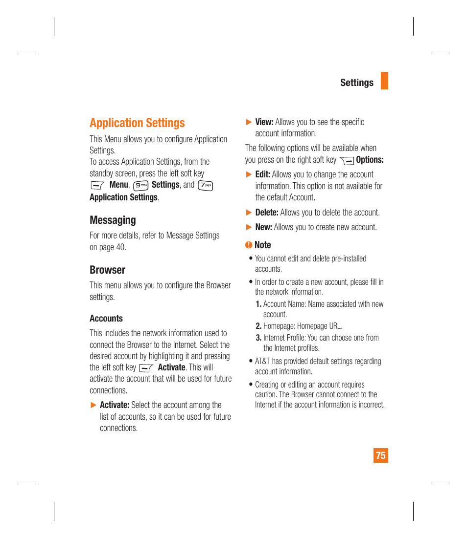 Application settings, Messaging, Browser | LG GU292 User Manual | Page 79 / 242