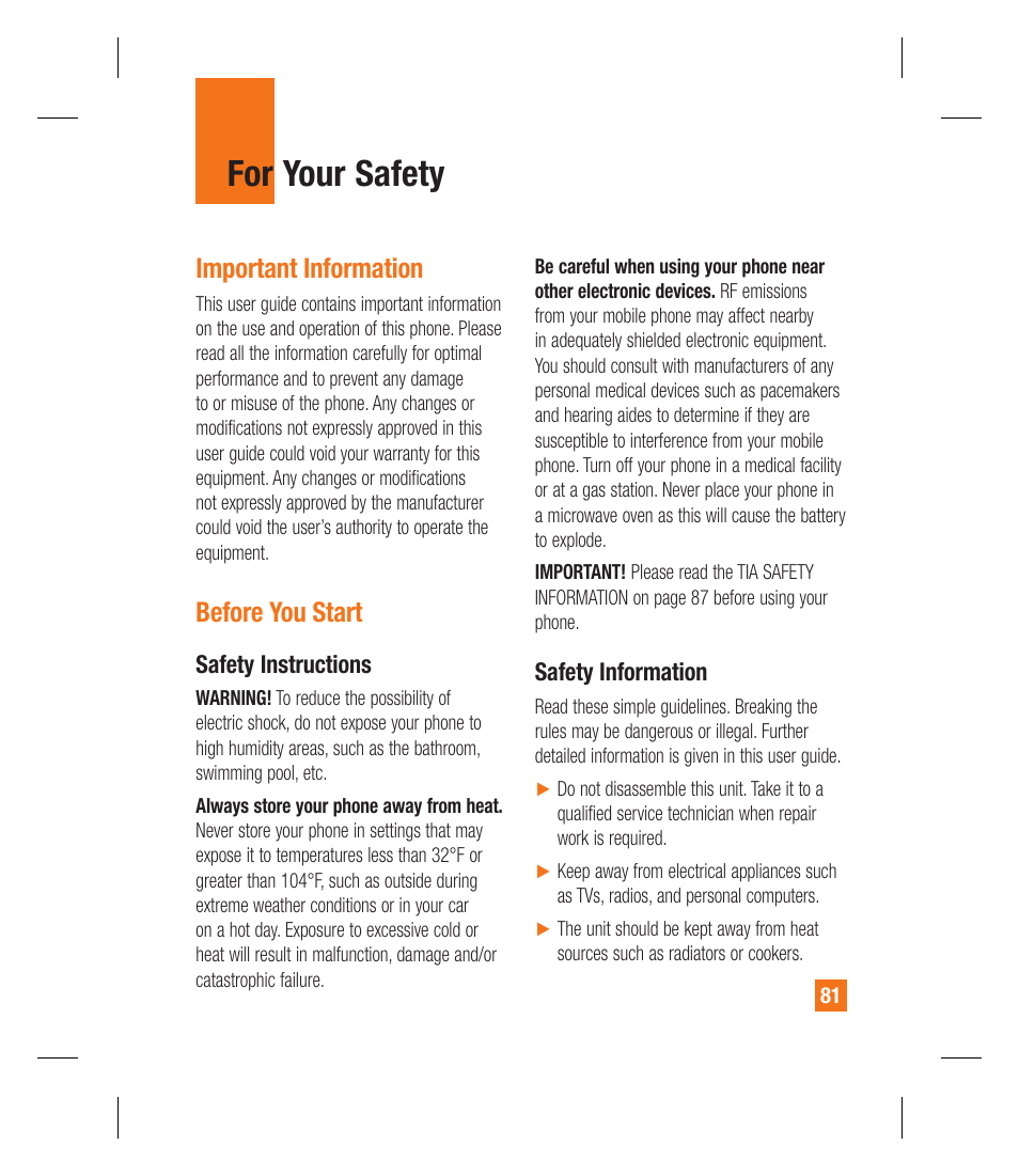 For your safety, Important information, Before you start | LG GU292 User Manual | Page 85 / 242